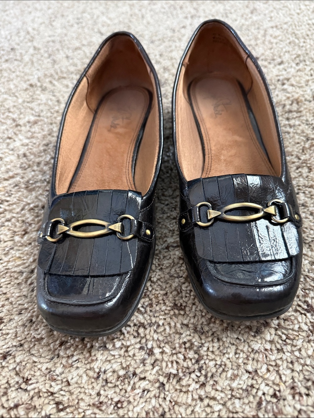 Women’s dark brown Leather Kiltie Loafers with Gold Bit Hardware